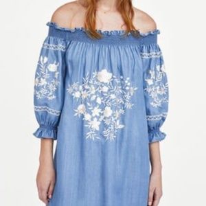 blue w/ floral print off the shoulder dress